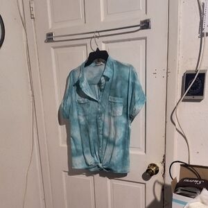 Blue and White Tie Front Button Down Blouse